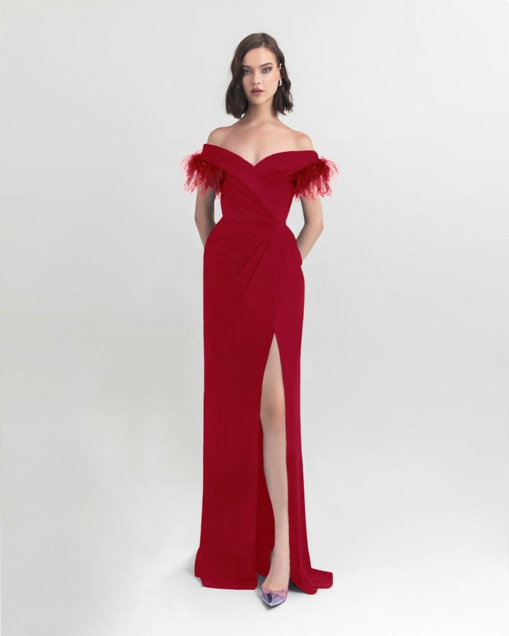 Slim Cut Red Dress With Feathers - Gemy Maalouf