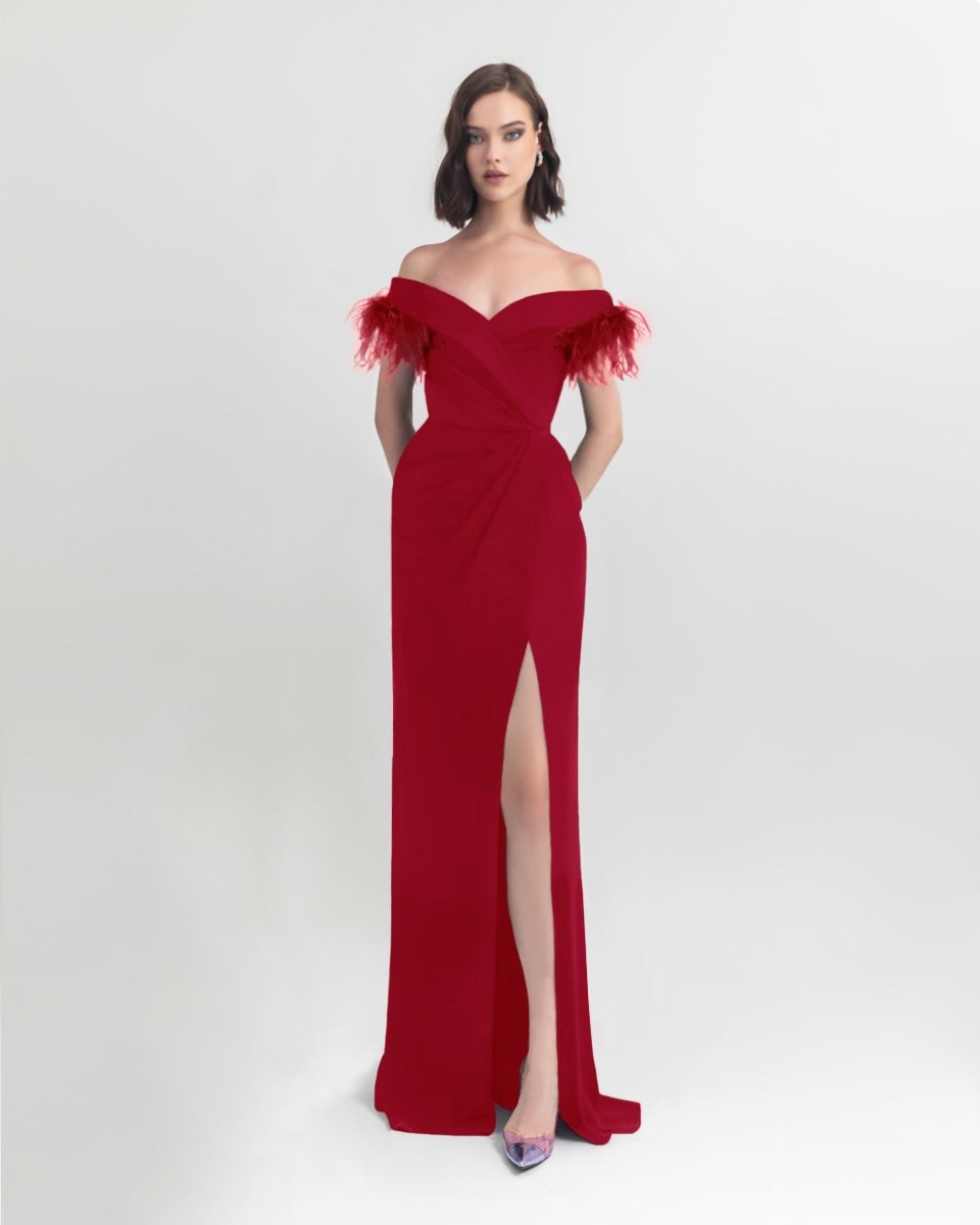 Slim Cut Red Dress With Feathers - Gemy Maalouf