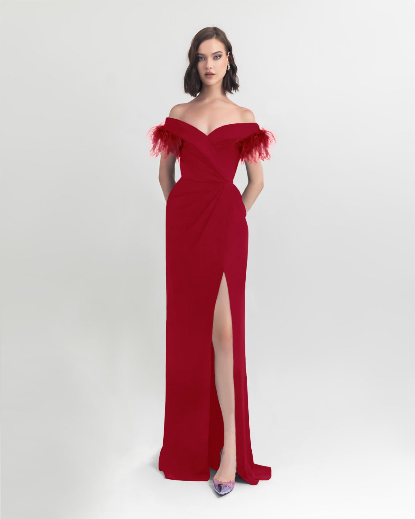 Slim Cut Red Dress With Feathers