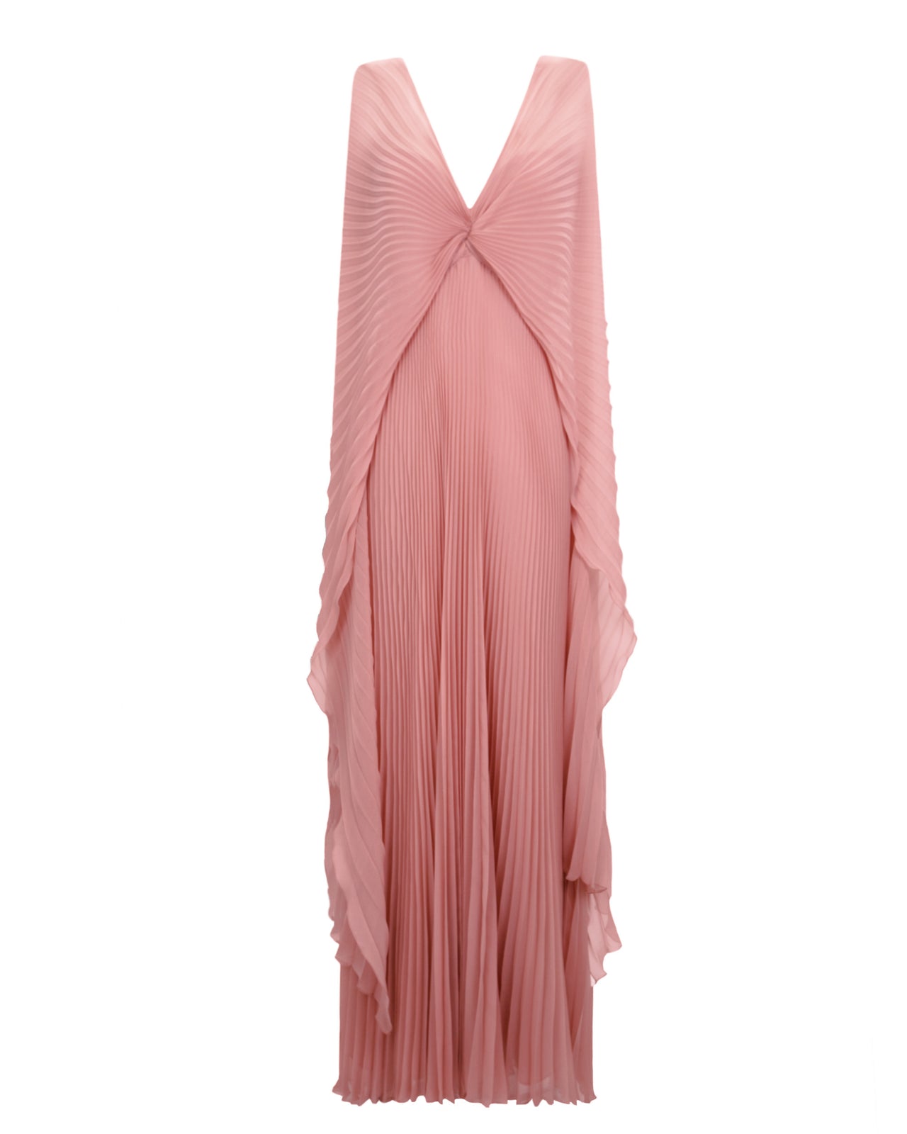 A V-neckline fully pleated flared chiffon dress in pink with draping details.