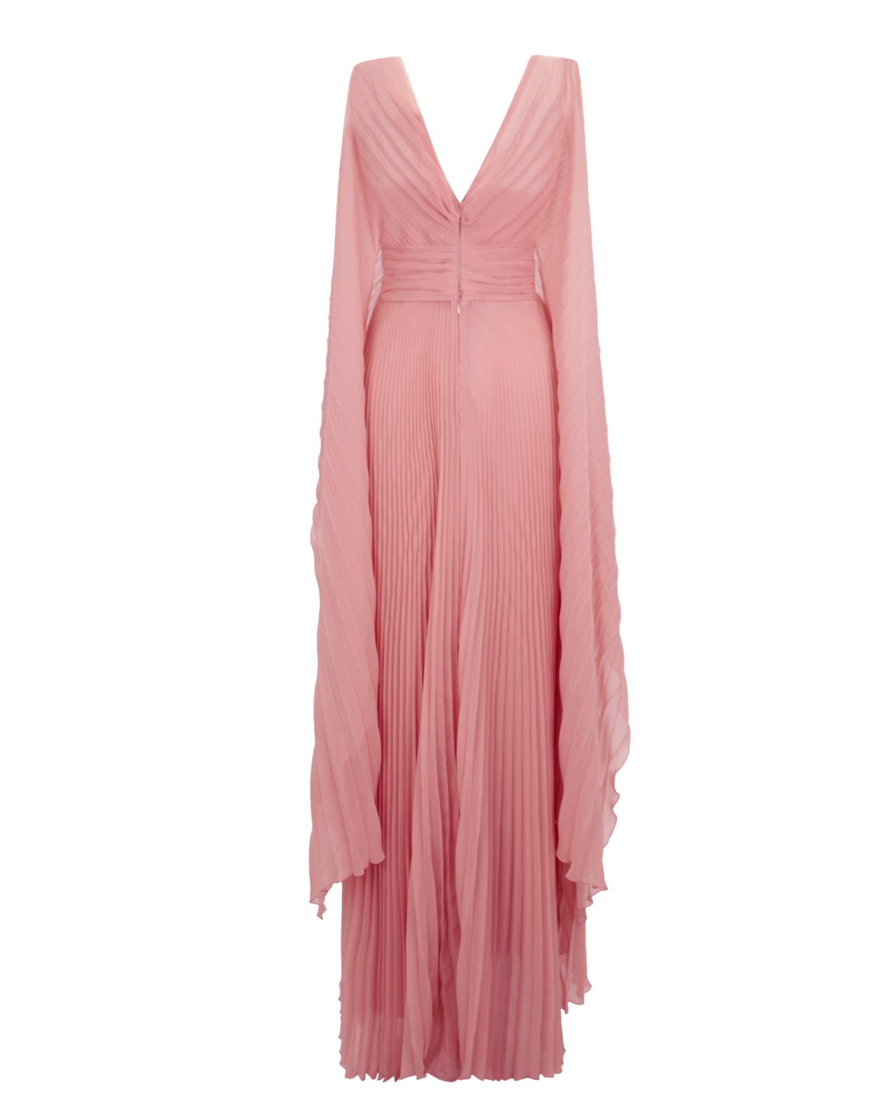 A V-shape open back  fully pleated flared chiffon dress in pink with draping details.