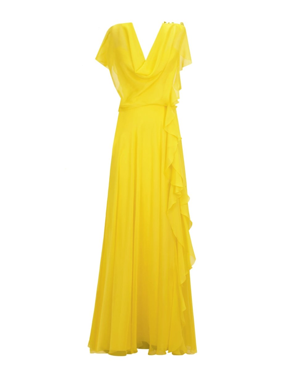 Draped Yellow Chiffon Dress - Gemy Maalouf