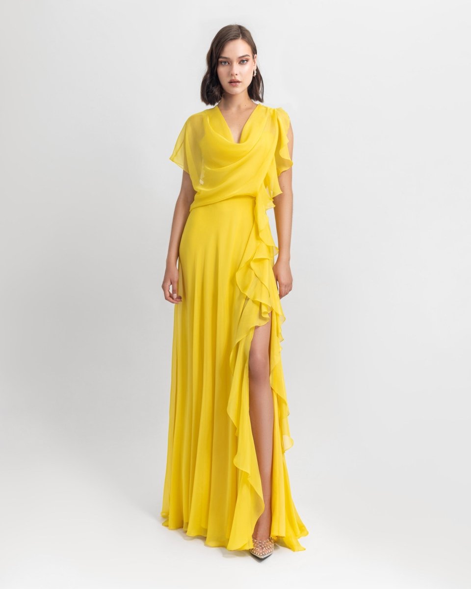 Draped Yellow Chiffon Dress - Gemy Maalouf