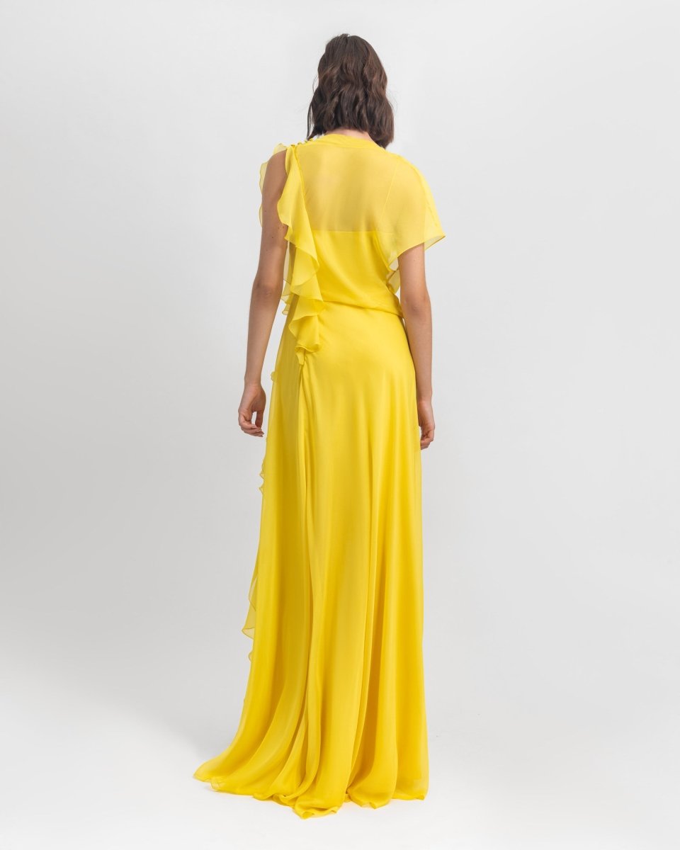 Draped Yellow Chiffon Dress - Gemy Maalouf
