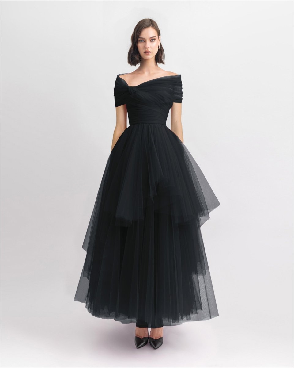 Asymmetrical Tulle Black Dress - Gemy Maalouf