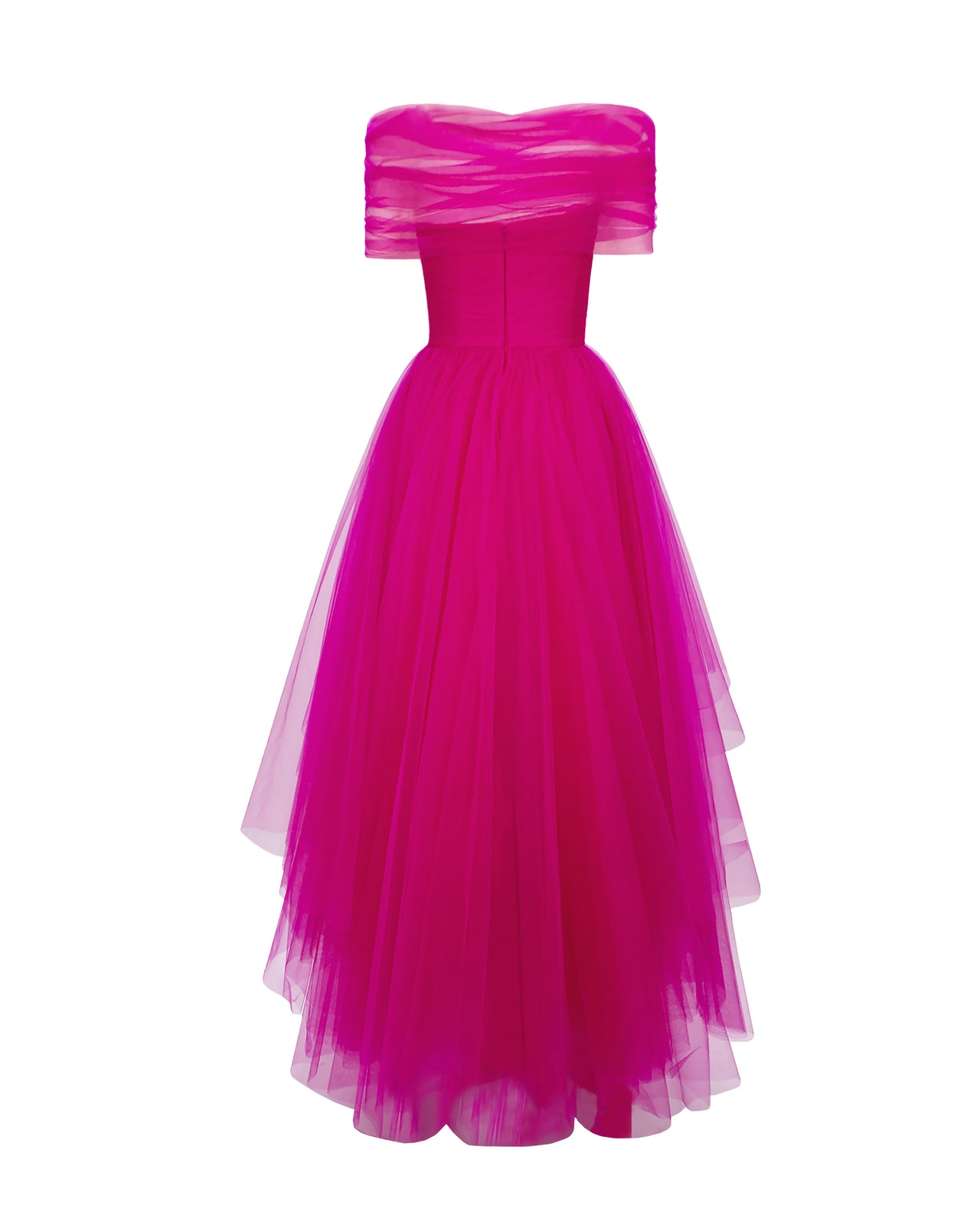 The back of an off-shoulder tulle evening dress in fuchsia color, with an asymmetrical lower part. 