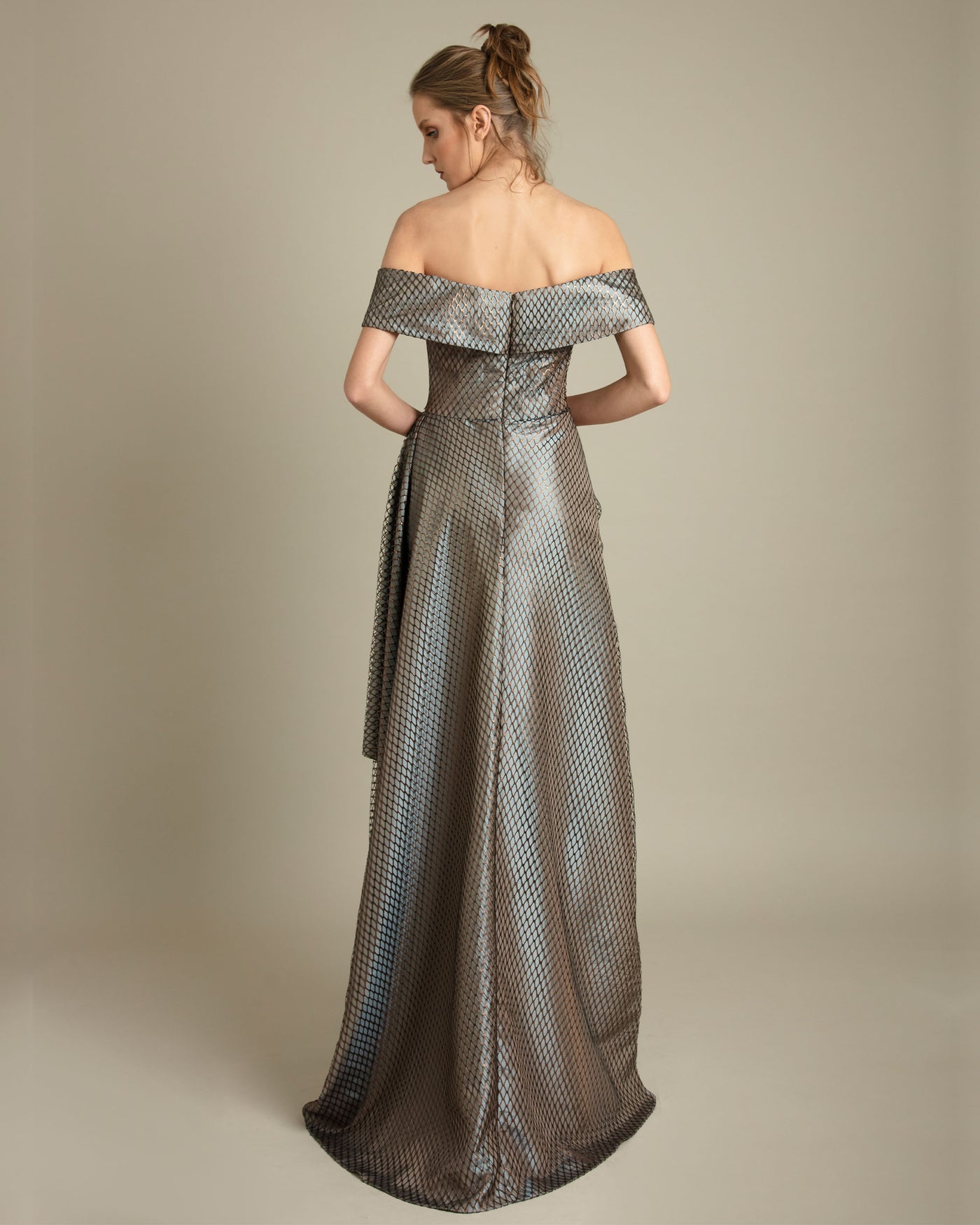 Off-Shoulders Taupe Fishnet Dress
