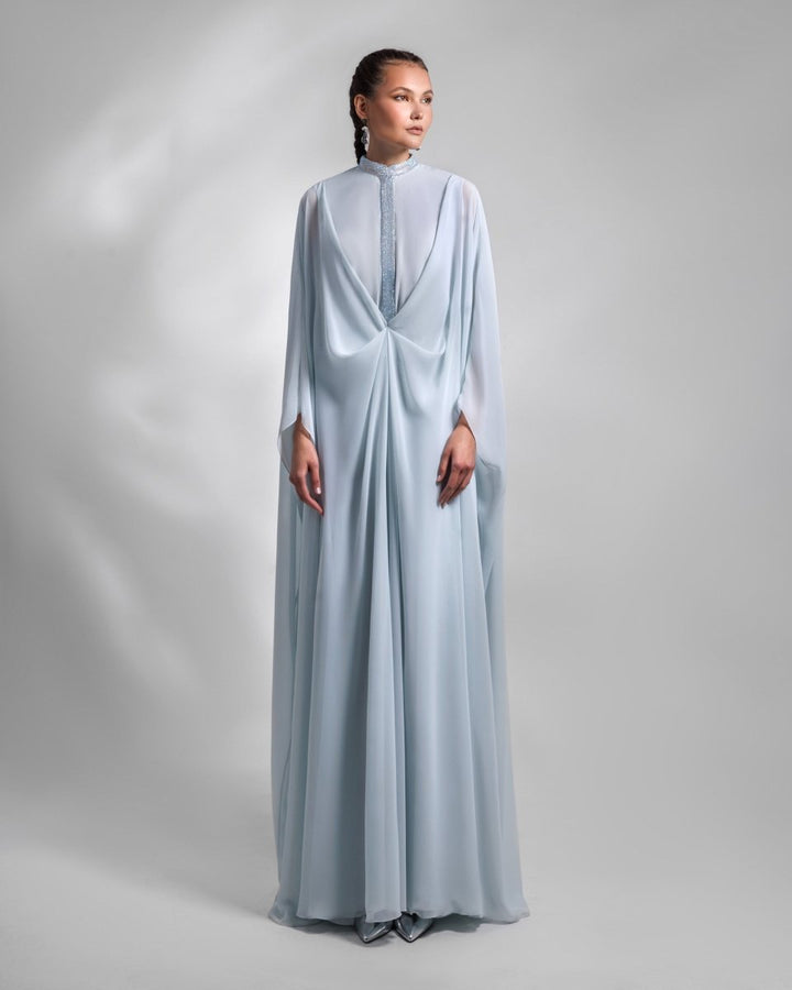 Ice Blue Loose Long Chiffon Kaftan - Gemy Maalouf