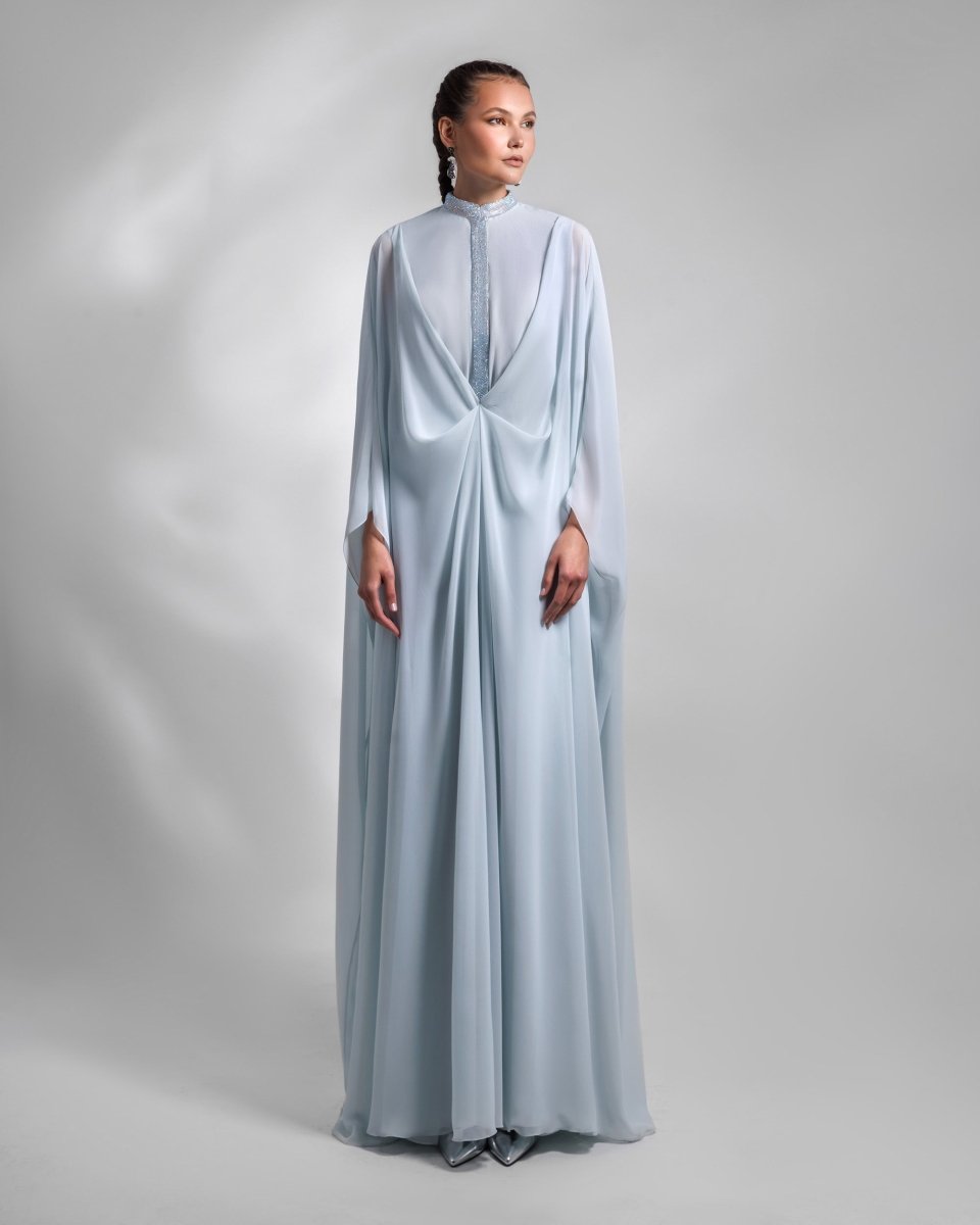 Ice Blue Loose Long Chiffon Kaftan - Gemy Maalouf