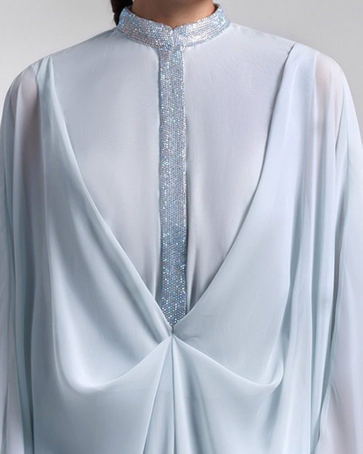 Ice Blue Loose Long Chiffon Kaftan - Gemy Maalouf