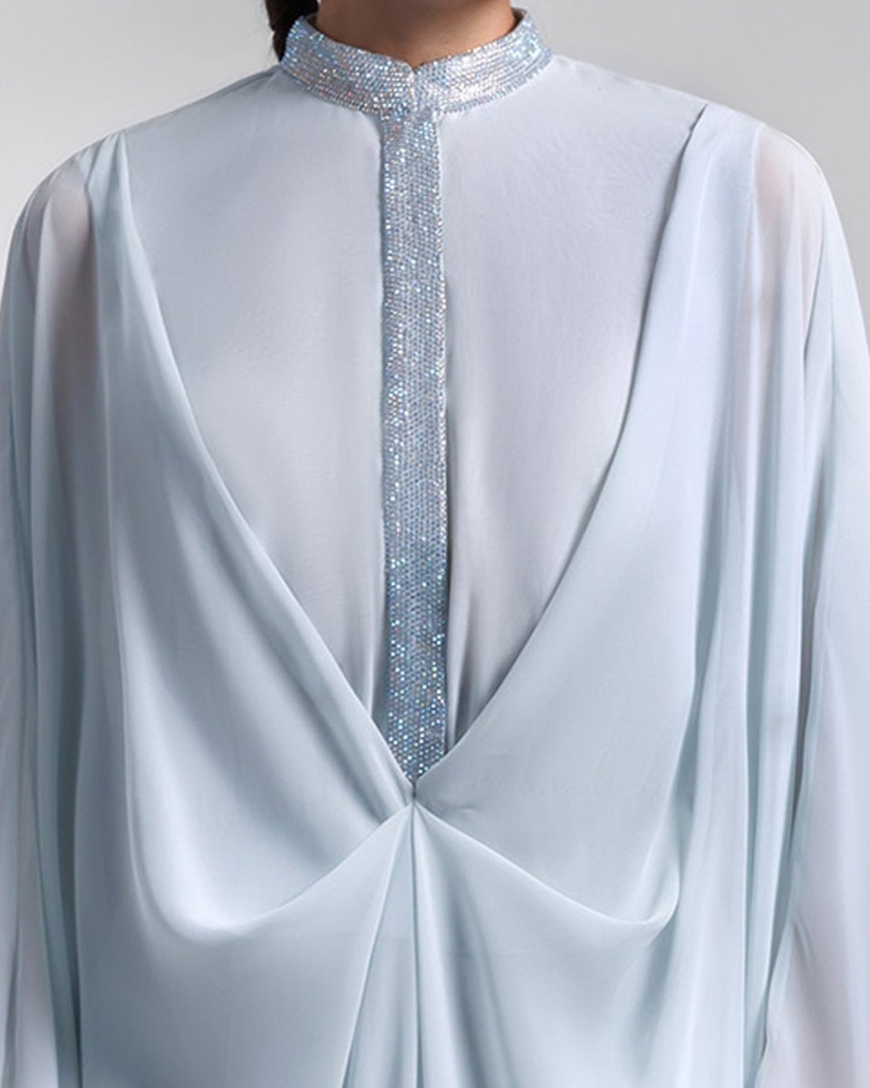 Ice Blue Loose Long Chiffon Kaftan - Gemy Maalouf