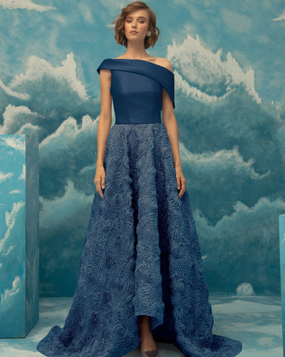 Bi-Fabric Asymmetrical Blue Long Dress