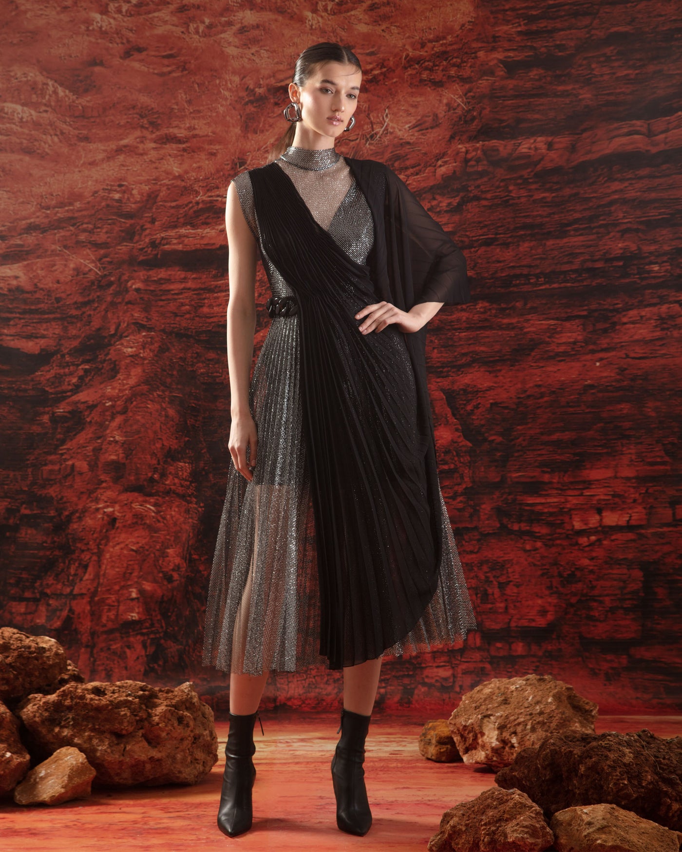 Pleated Dress With Shawl Detail