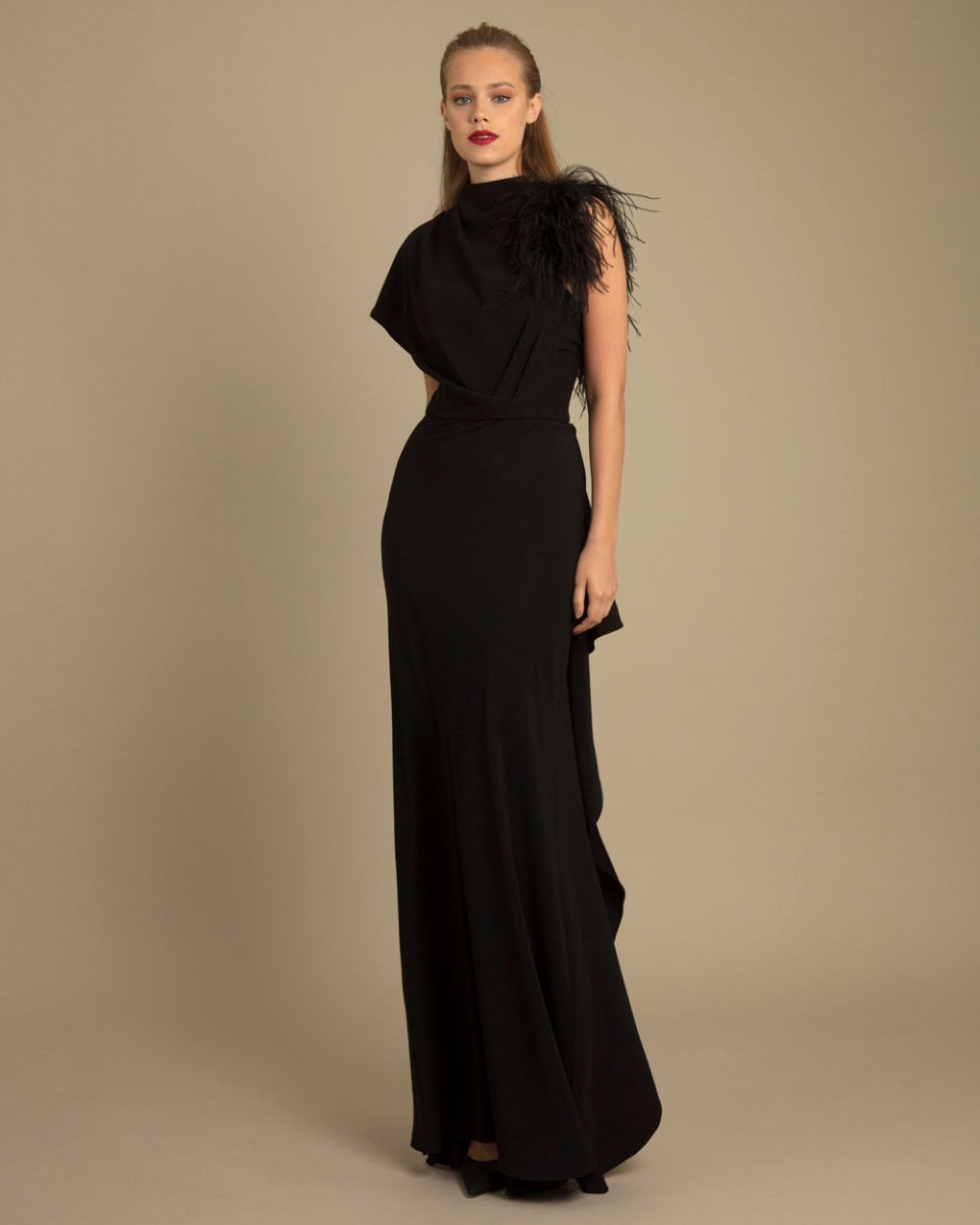 Asymmetrical Feathered Crepe Dress - Gemy Maalouf