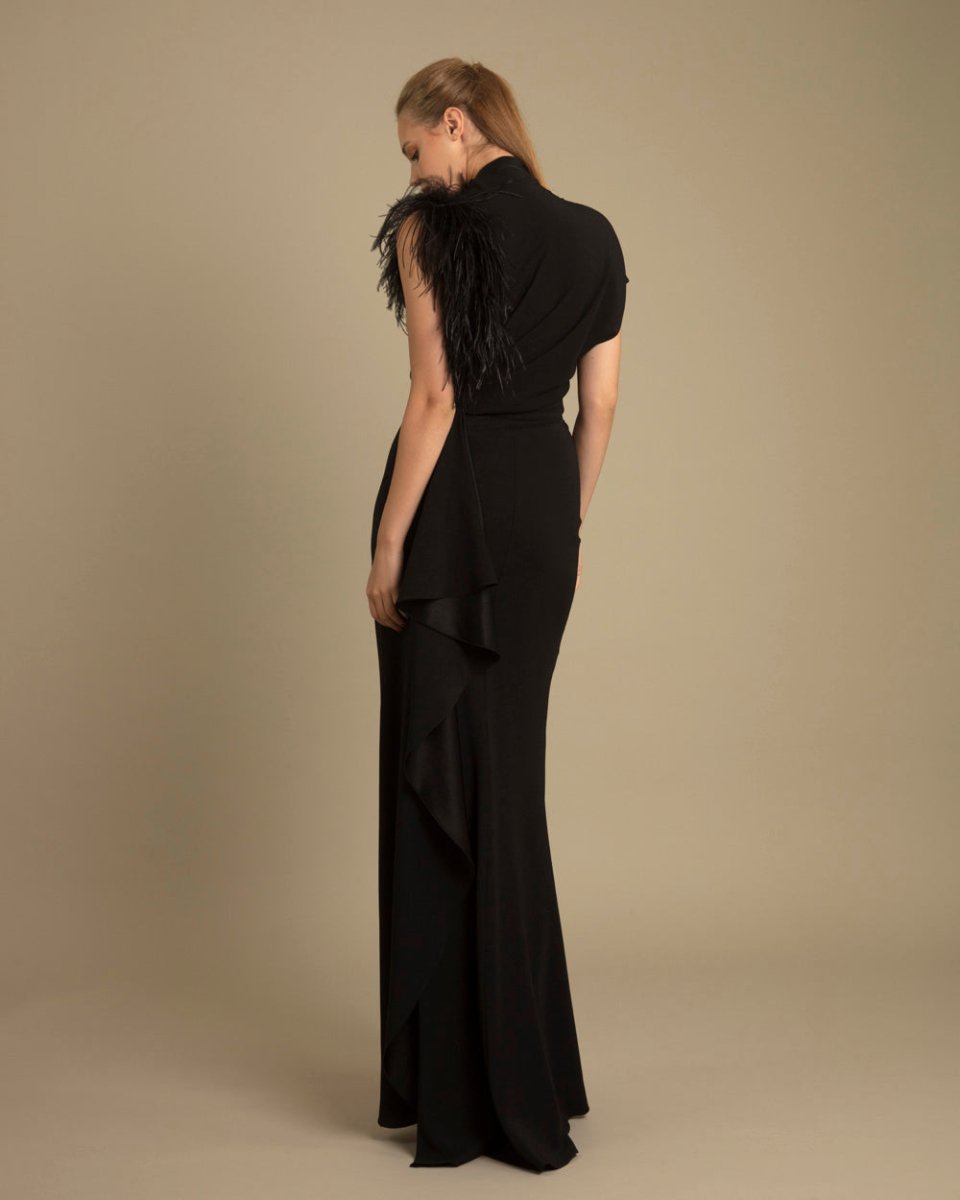 Asymmetrical Feathered Crepe Dress - Gemy Maalouf