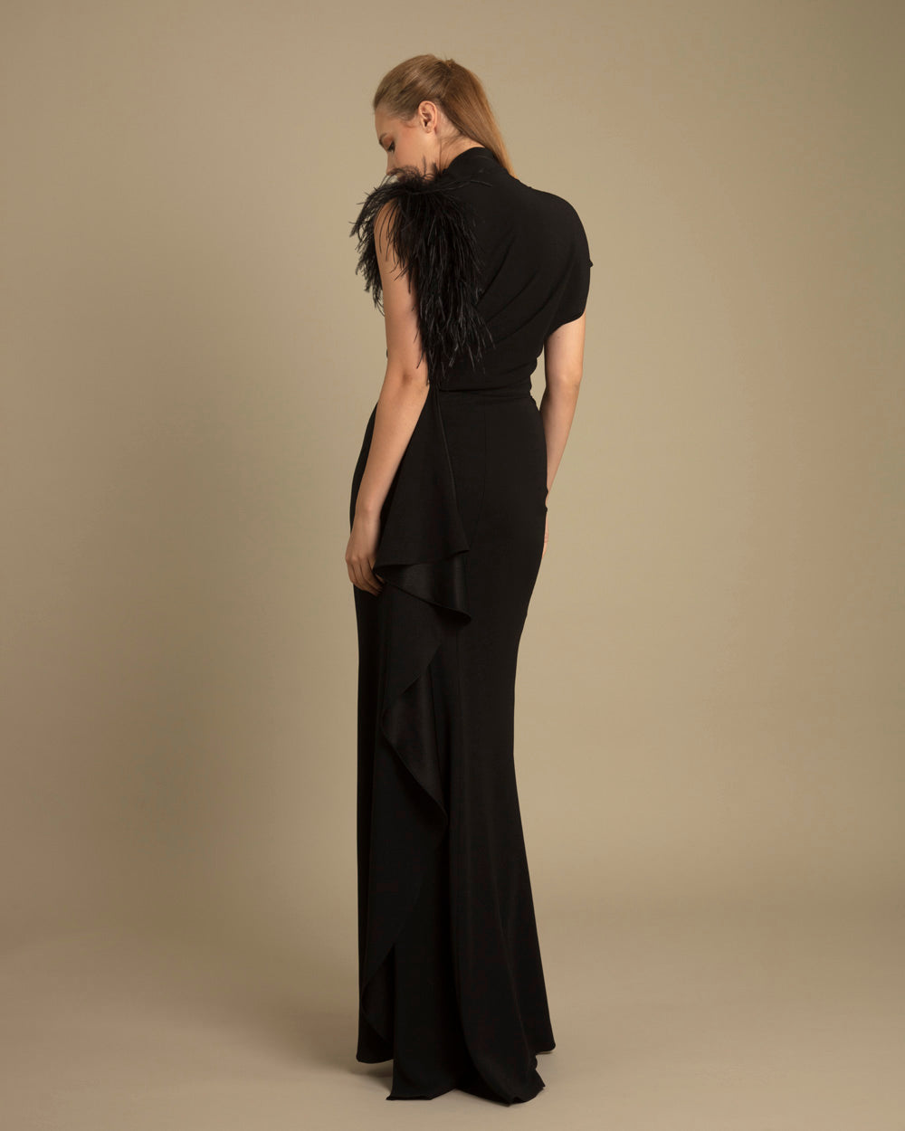 Asymmetrical Feathered Crepe Dress