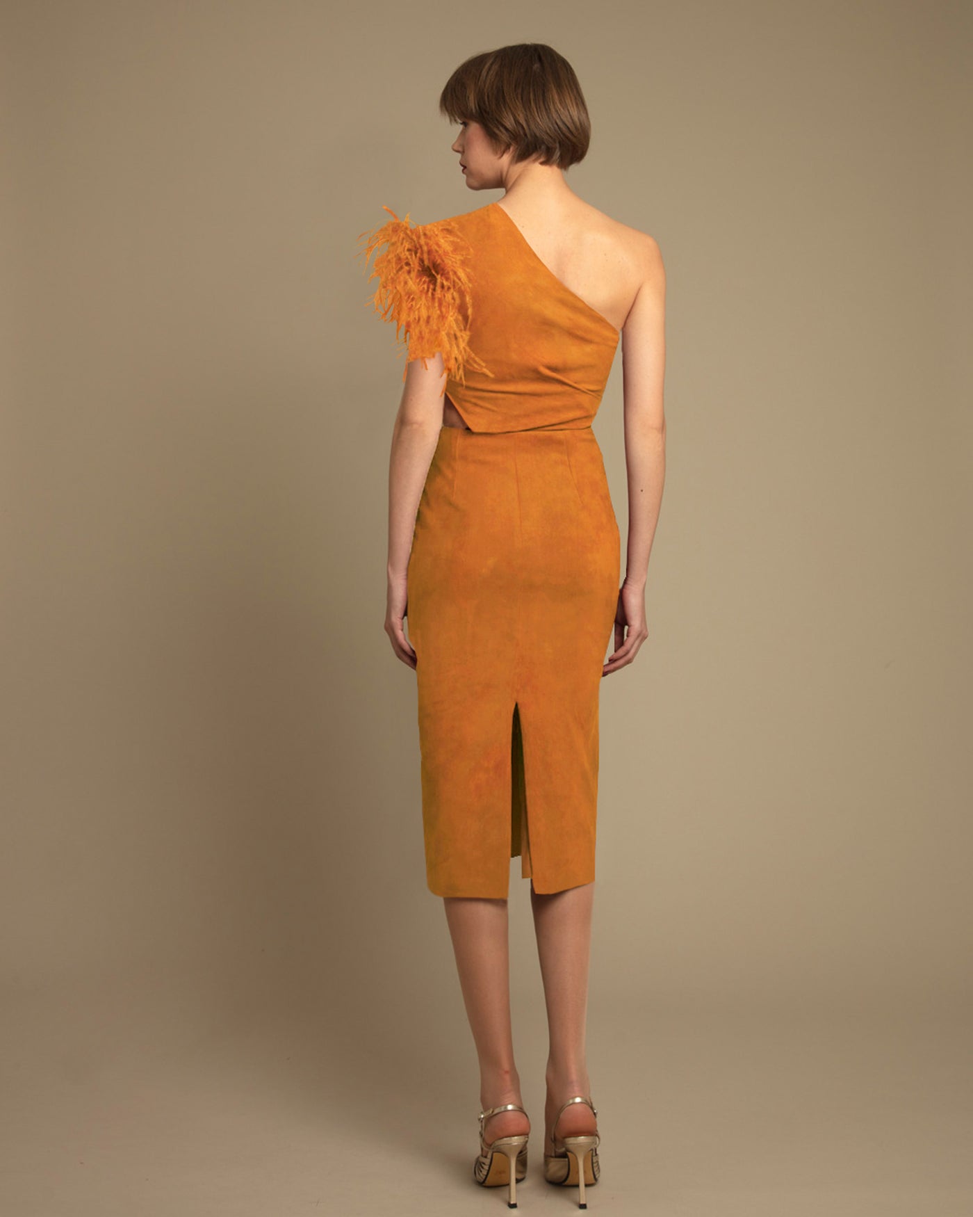 One-Shoulder Feather Mustard Dress