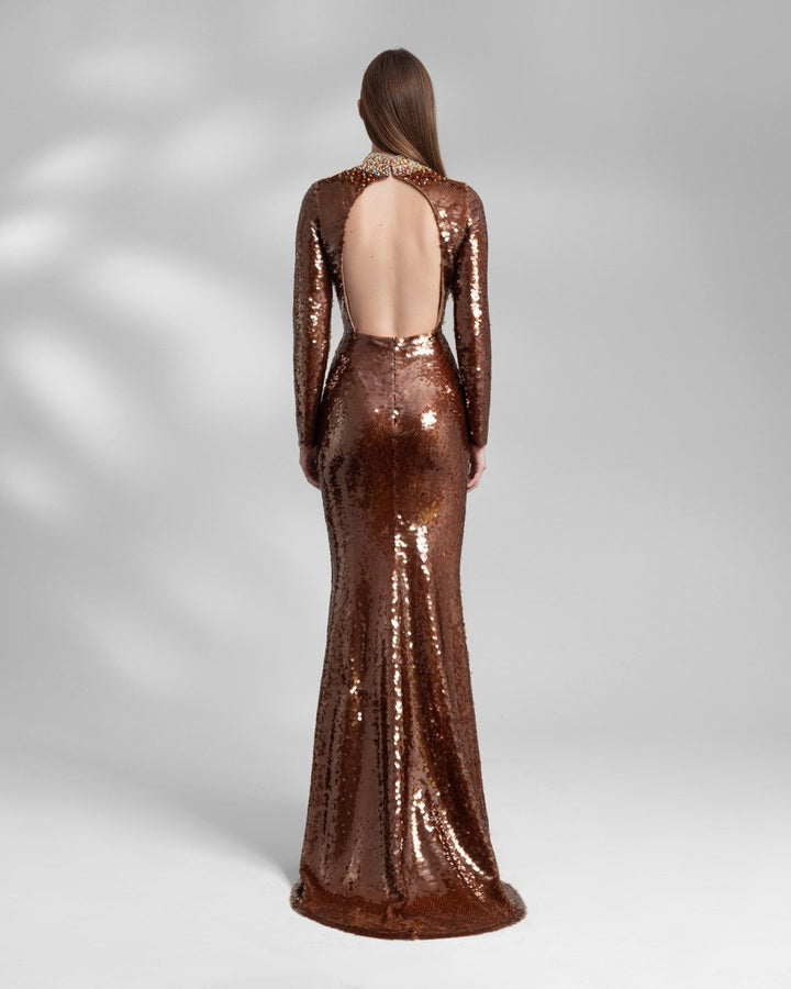 Long Fitted Sequins Coffee Dress - Gemy Maalouf