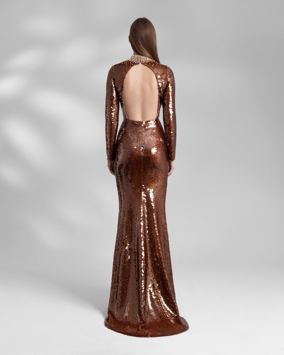Long Fitted Sequins Coffee Dress - Gemy Maalouf