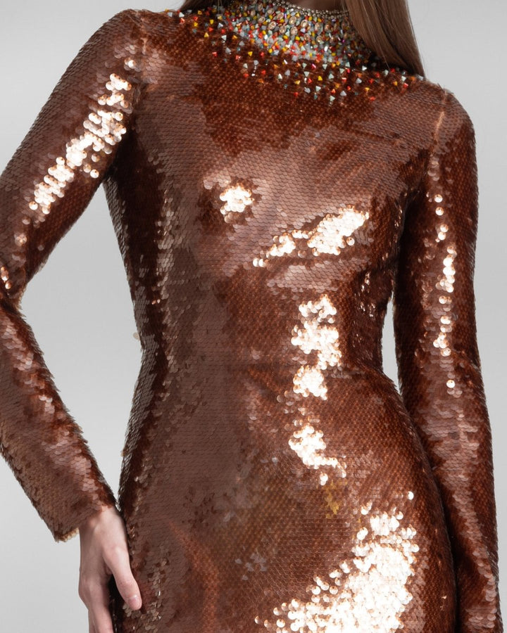 Long Fitted Sequins Coffee Dress - Gemy Maalouf