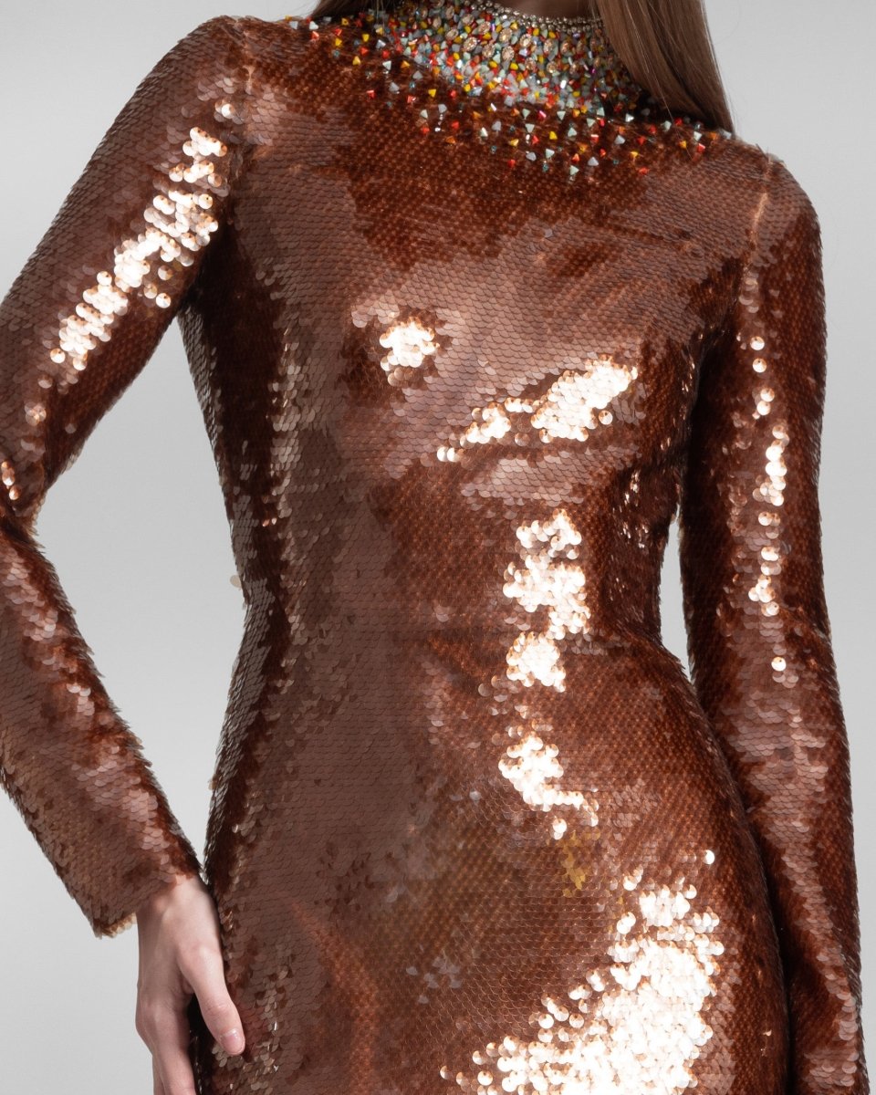Long Fitted Sequins Coffee Dress - Gemy Maalouf
