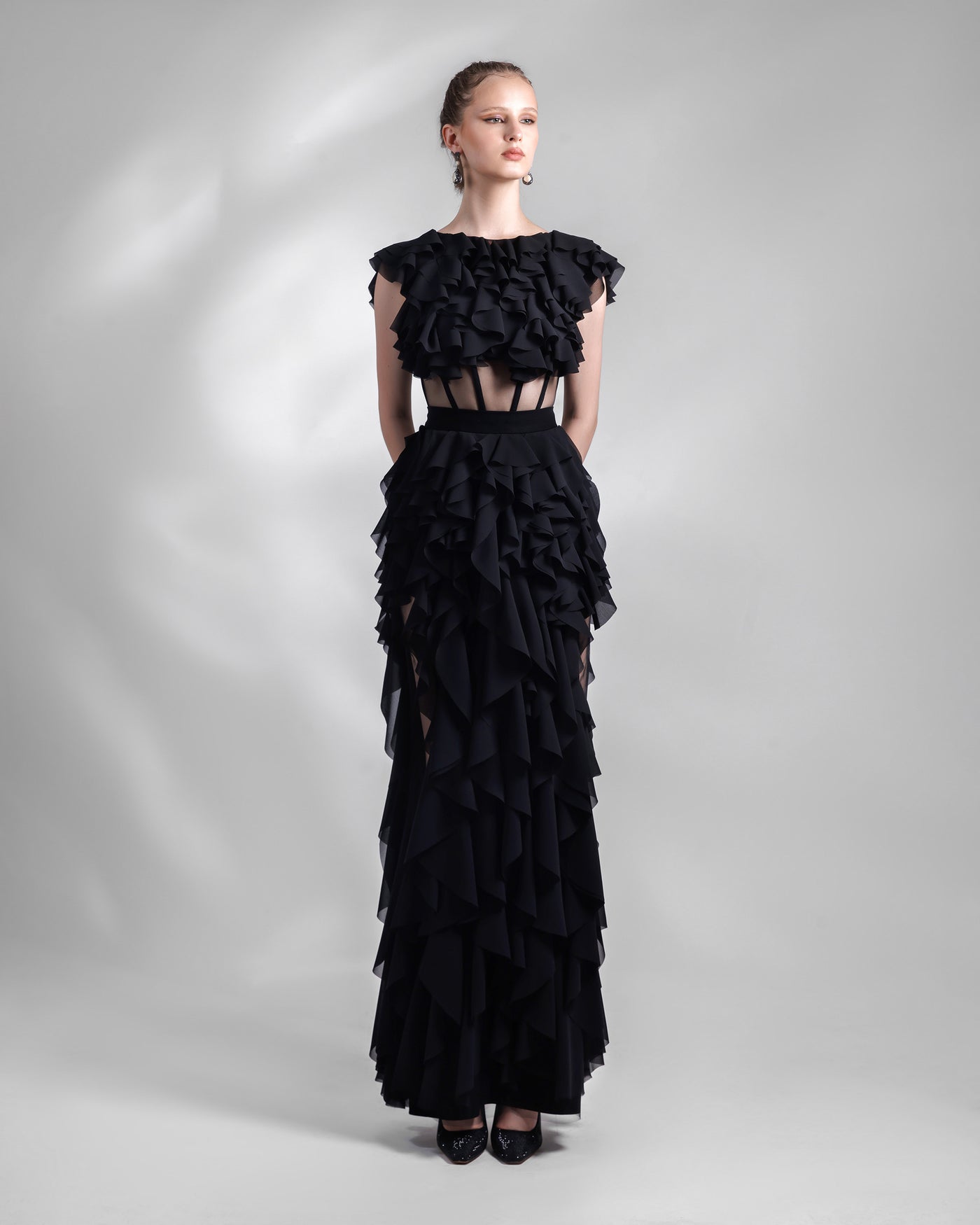 Ruffled Long Black Dress