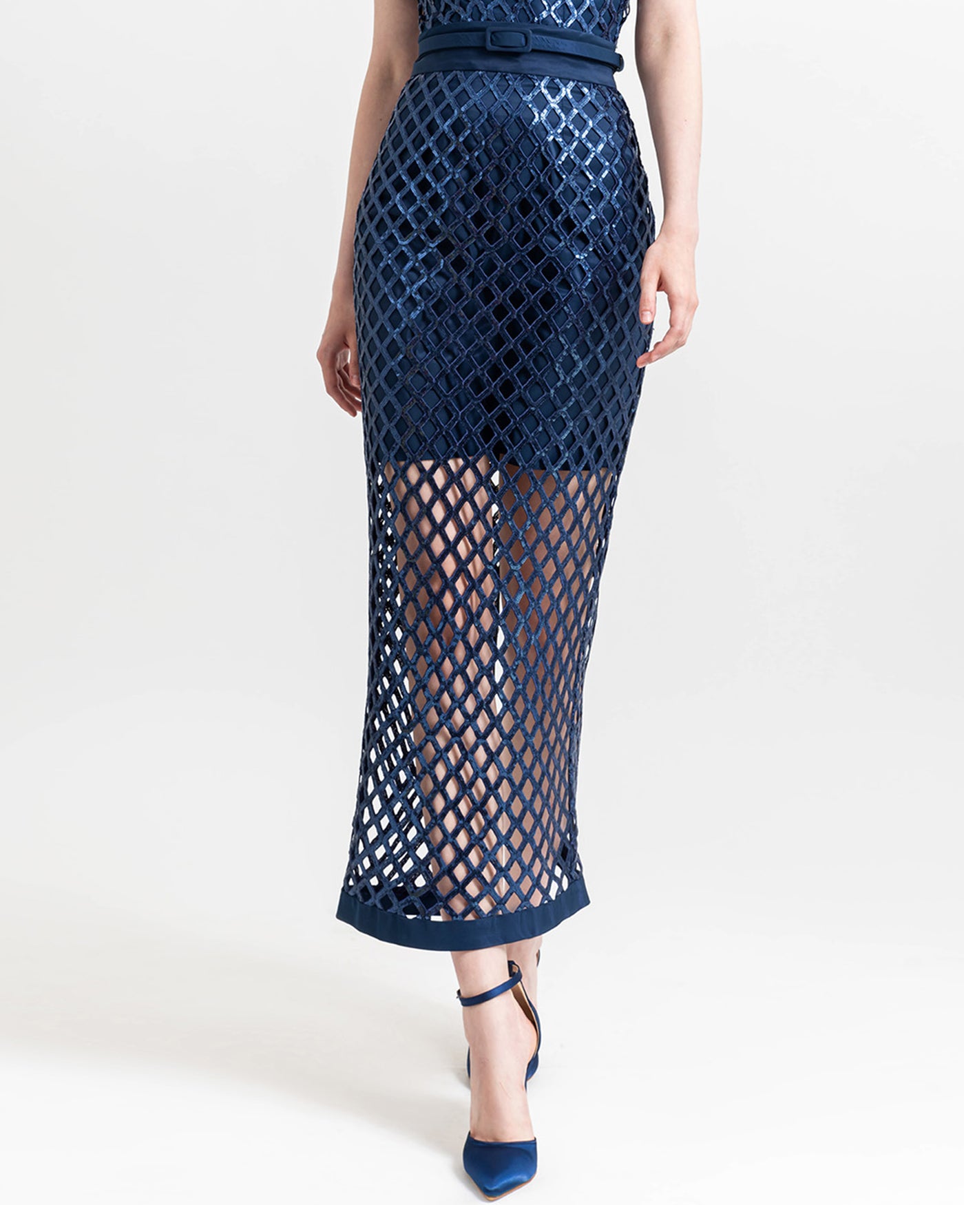 Off-Shoulder Top with See-Through Sequin Midi Skirt