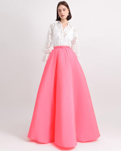 High-Neckline Top and Wide Skirt