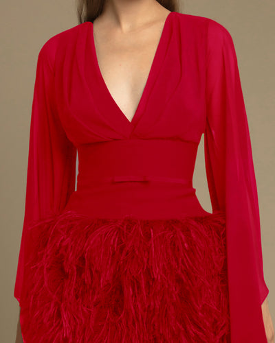 V-Neck Long Sleeved Short Red Dress