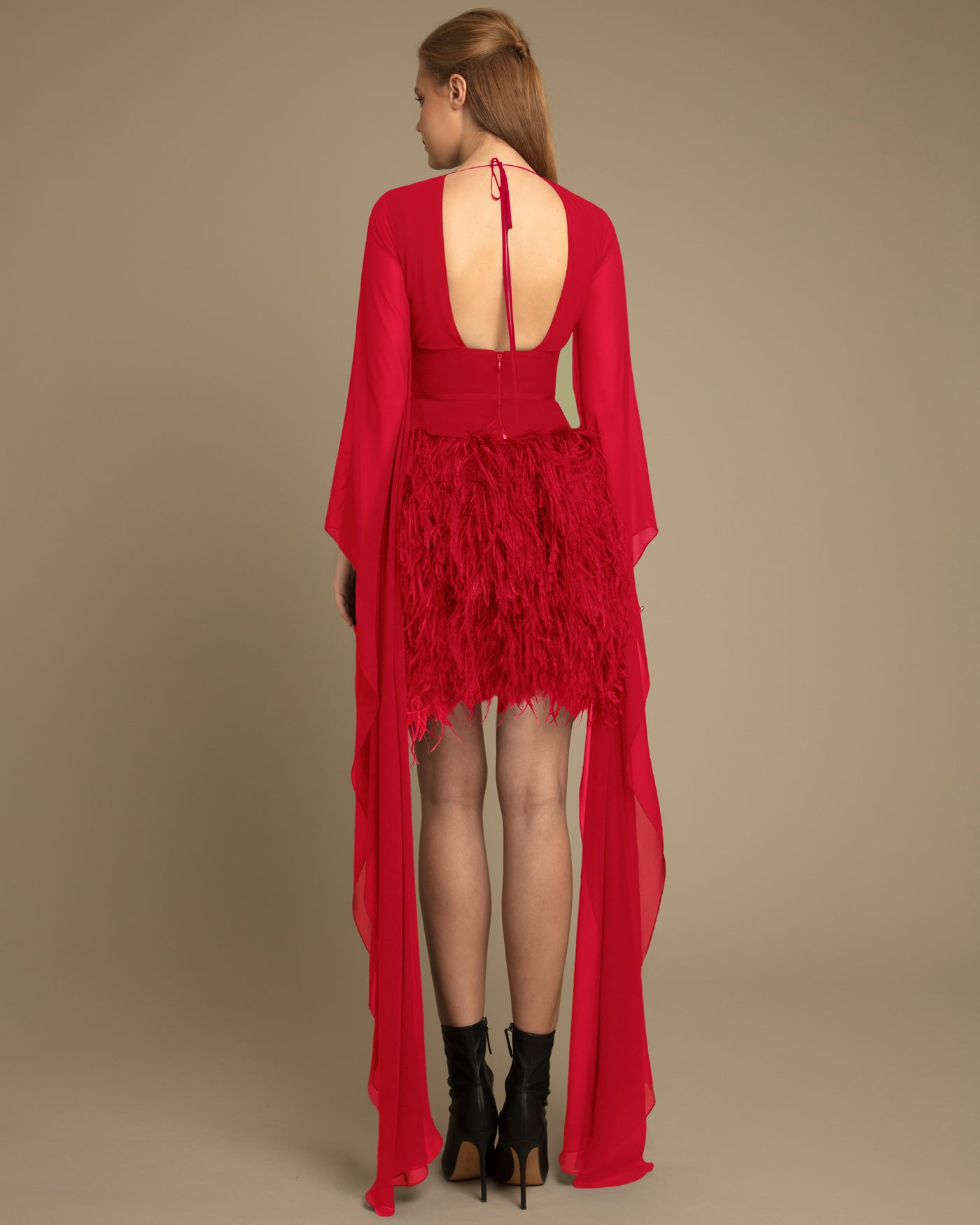 V-Neck Long Sleeved Short Red Dress
