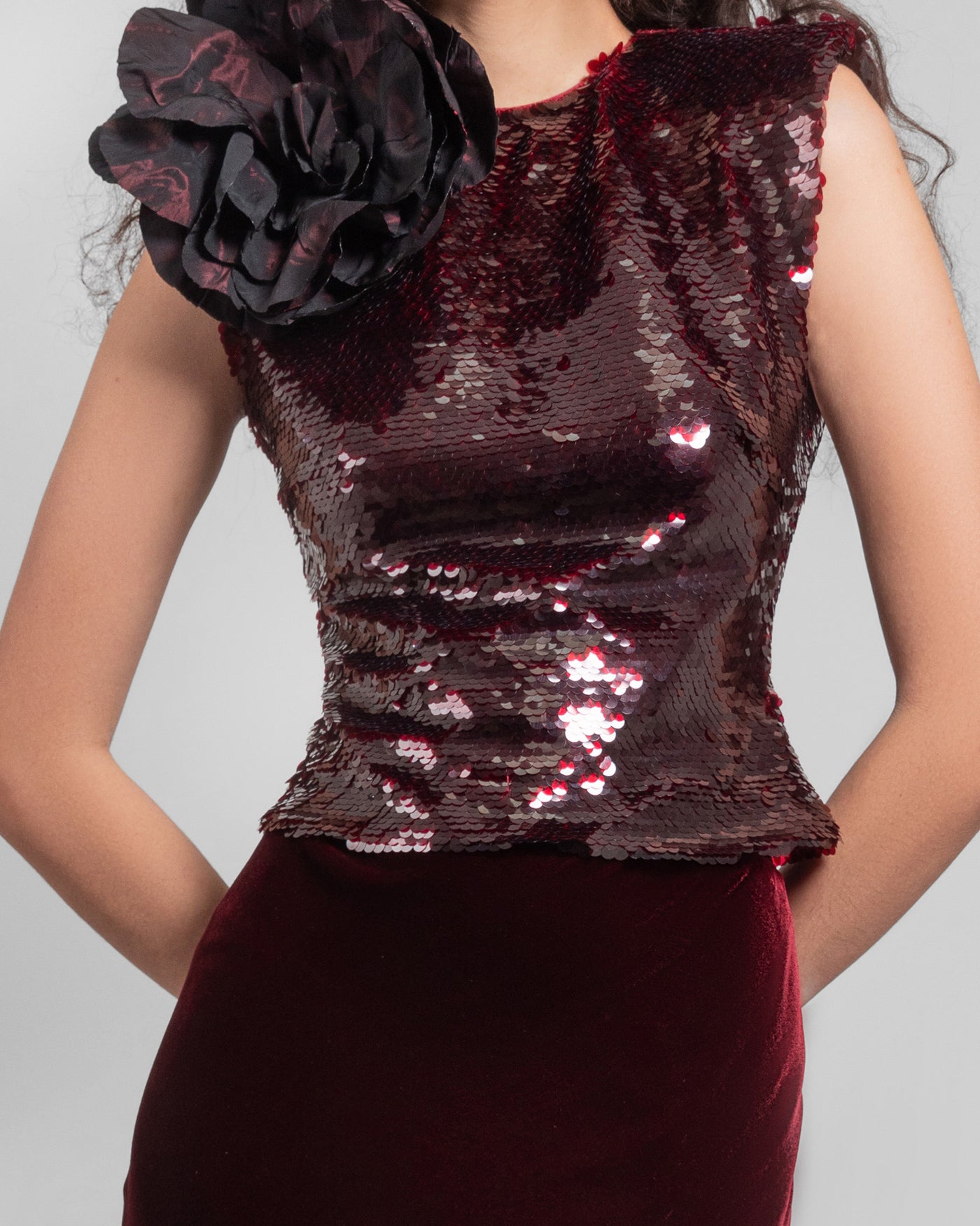 Wide Shoulder Top with Velvet Skirt