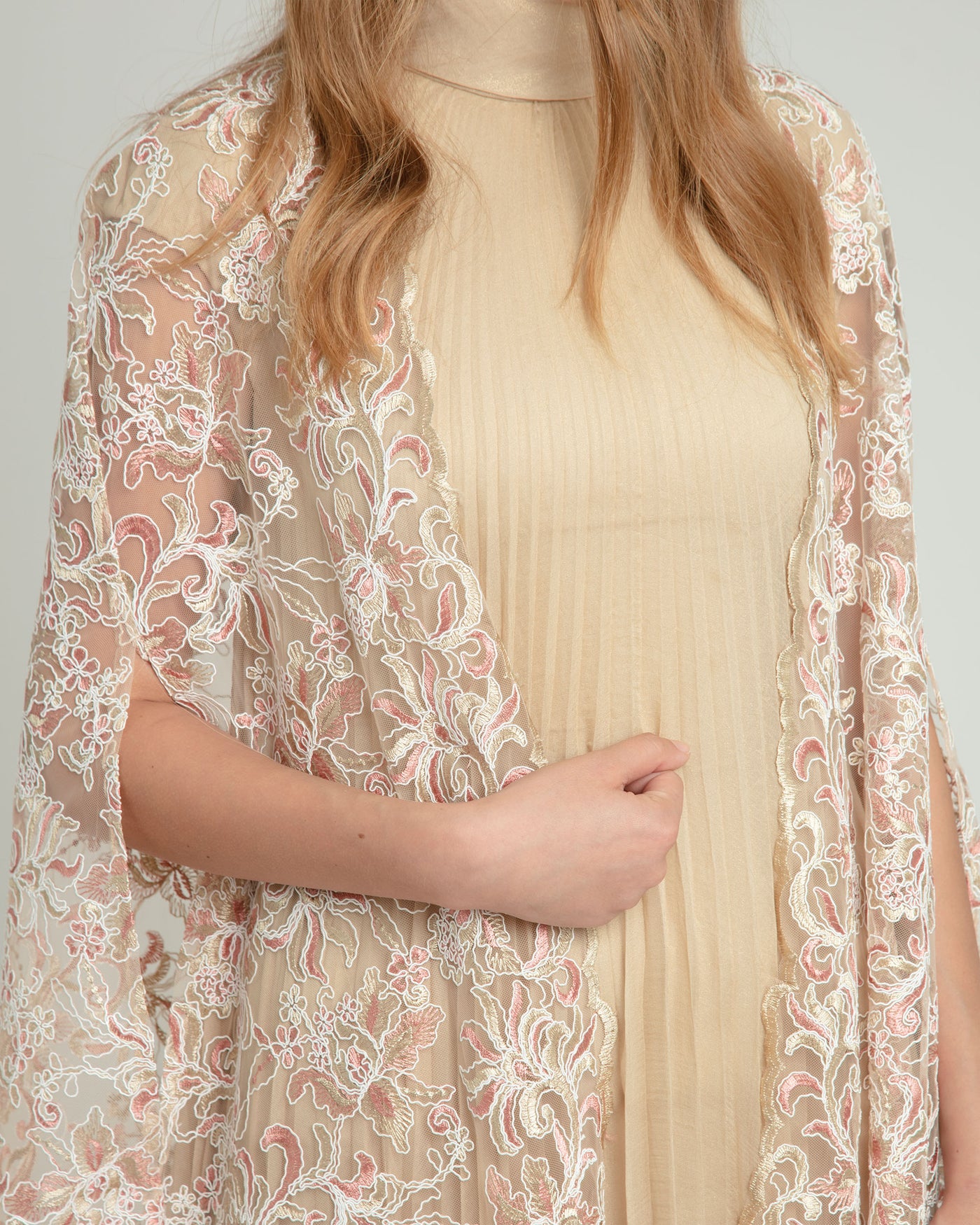 Pleated Dress with Embroidered Cape